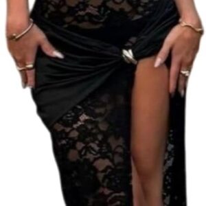 Womens Floral Lace Maxi Dress Sexy Sleeveless High Slit Evening Gown Cut Out Bodycon Long Dresses Elegant Party Dress See Through Ladies Going Out Dresses for Cocktail Club Wedding Guest