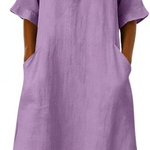 Cotton Dresses for Women UK Summer Beach Shirt Dresses Solid Color Button Henley Neck Maxi Dress Elegant Ruffle Half Sleeve Casual Tunic Tshirt Dress Loose Plain Long A Line Sundress with Pockets