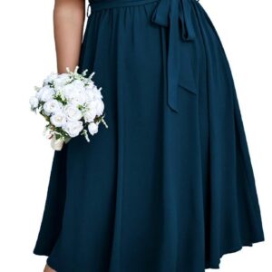SCOMCHIC Womens Plus Size Wedding Guest Cocktail Midi Dress Summer Short Sleeve Wrap V Neck Belted A-Line Flowy Dress