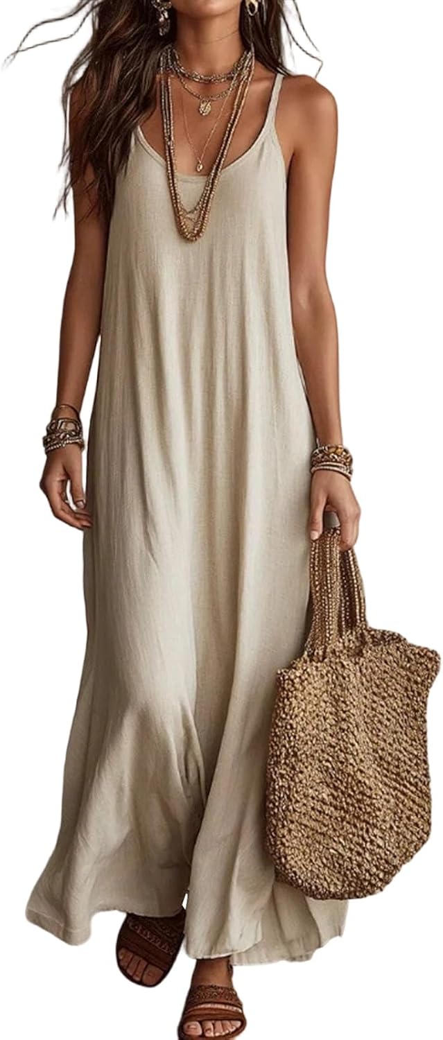 Women UK Spaghetti Strap Flowy Maxi Dress Loose Sleeveless Cami Long Sundress Casual Summer Beach Vacation Cover Up