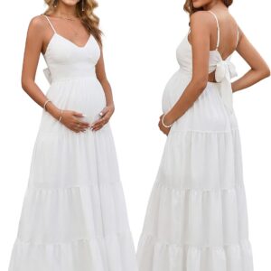 HTZMO Maternity Floral Summer Maxi Dress Bow Tie V Neck Baby Shower Photoshoot Casual Boho Long Sundress for Women