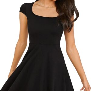 GORGLITTER Women’s Scoop Neck Mini Dress with Short Cap Sleeve, High Waist, Ruffle Hem, A Line Swing Style – Summer Casual, Party, Travel, One Size