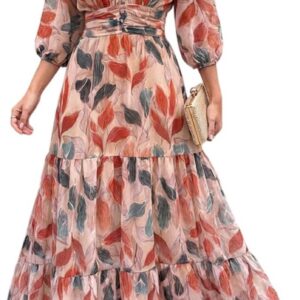 CHICME Women’s Summer Boho Maxi Dress V Neck 3/4 Puff Sleeve Floral Flowy Wedding Guest Vacation Beach Long Dress