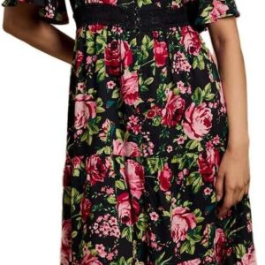 Dorothy Perkins Petite Black Floral Lace Trim Button Detail Angel Sleeve Printed Midi Dress