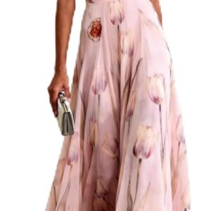 Women’s Chiffon Floral Maxi Dress Deep V-Neck Sleeveless Wedding Guest