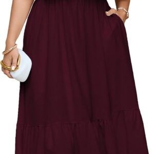 SCOMCHIC Womens Plus Size Wedding Guest Cocktail Dresses Off The Shoulder Smocked Waist Ruffle Slit Maxi Dress