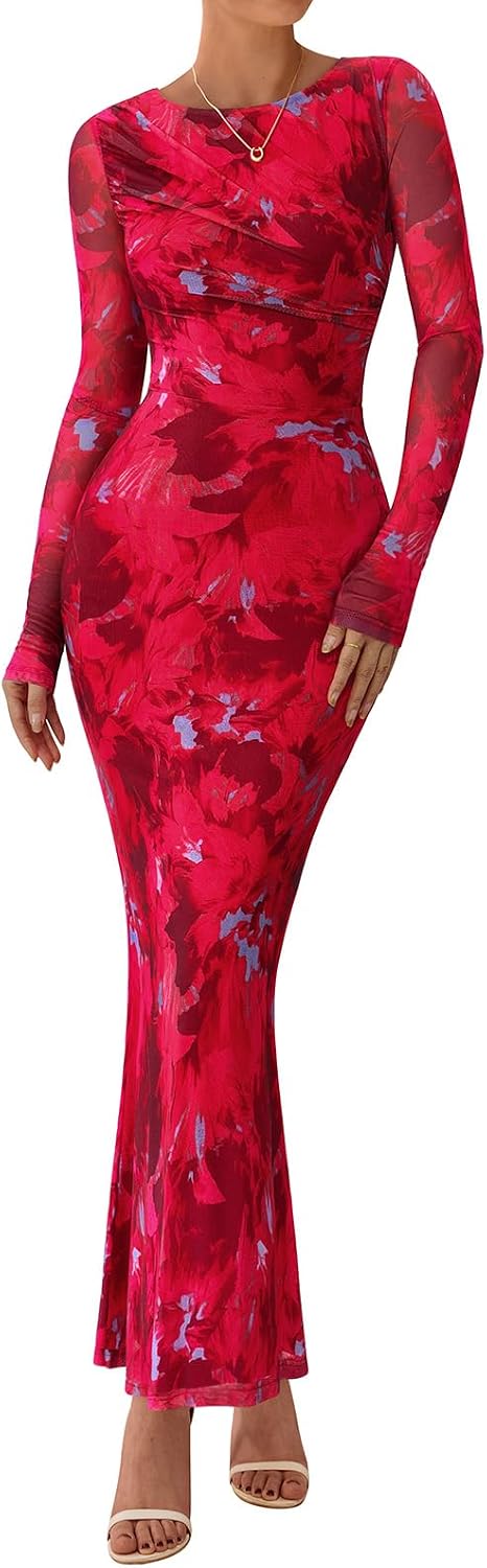 PRETTYGARDEN Women's Long Sleeve Floral Fall Wedding Guest Dress Casual Crewneck Ruched Bodycon Mesh Long Maxi Dresses