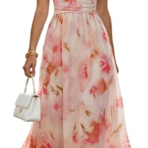 Women’s Summer Chiffon Maxi Dress V Neck Flutter Sleeve High Waist Floral Print Elegant Formal Cocktail Wedding Guest Long Dresses