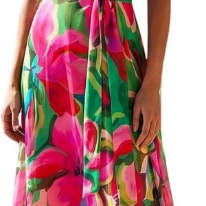 Roman Originals Floral Print Halterneck Maxi Dress for Women UK – Ladies Everyday Holiday Spring Summer V-Neckline Comfy Soft Evening Vacation Work Party