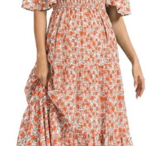 Women’s Summer Ruffle Short Sleeve Maternity Maxi Dress Flowy Tiered A Line Photoshoot Baby Shower Dress