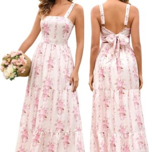 HTZMO Womens Summer Wedding Guest Floral Maxi Sundress Square Neck Back Bow Tie Flowy Boho Beach Vacation Long Dresses