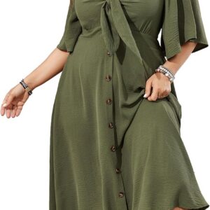 SCOMCHIC Plus Size Summer Dress Casual Short Sleeve Bow Tie Deep V Neck Smocked Button Down Midi Flowy A-line Boho Dresses