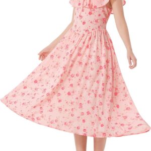 GRACE KARIN Girls Summer Casual A-Line Floral Dresses Ruffle Collar Princess Dress with Tie