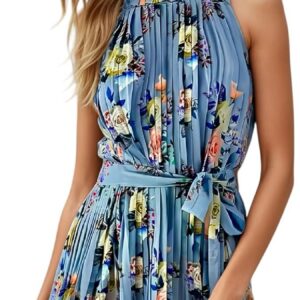 Women’s Wedding Guest Dress – Floral Halterneck Midi Summer Dress with Belt, Pleated Lightweight Occasion Dress (Blue)