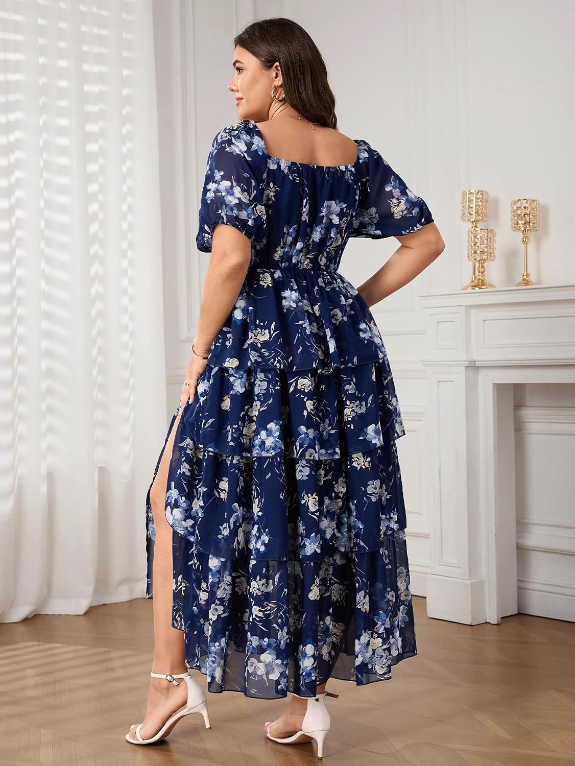 SCOMCHIC Womens Plus Size Maxi Dress Wedding Guest Cocktail Evening Party Elegant Short Sleeve Tiered Split Long Dresses - Image 5
