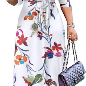 FANDEE Plus Size Maxi Dress for Women Casual Summer V Neck 3/4 Sleeve Dress