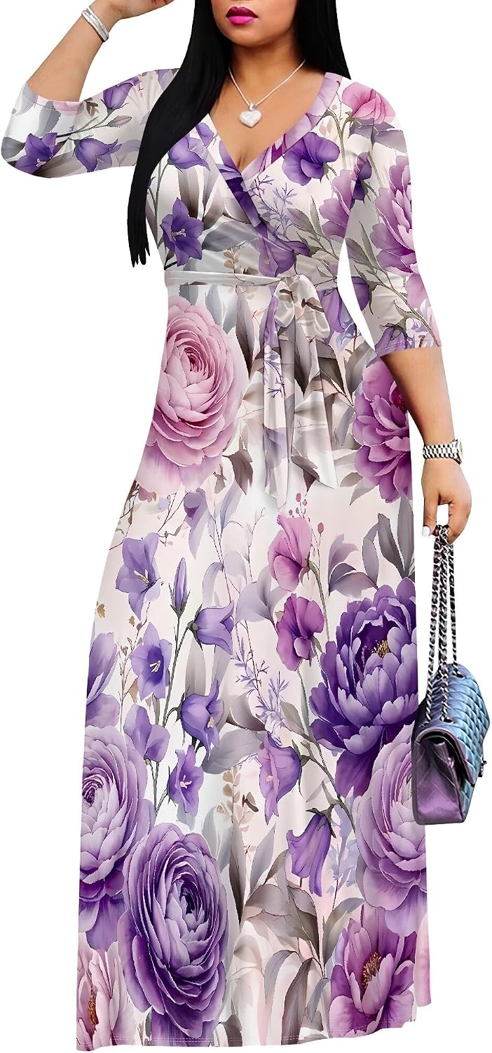 SUZONANA Plus Size Dresses for Women Floral Print Maxi Dress Flowy 3/4 Sleeve with Belt - Image 2