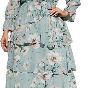 Spring Summer 2024 Plus Size Womens Dresses V Neck Casual Elegant Long Sleeve Floral Print Maxi Dress