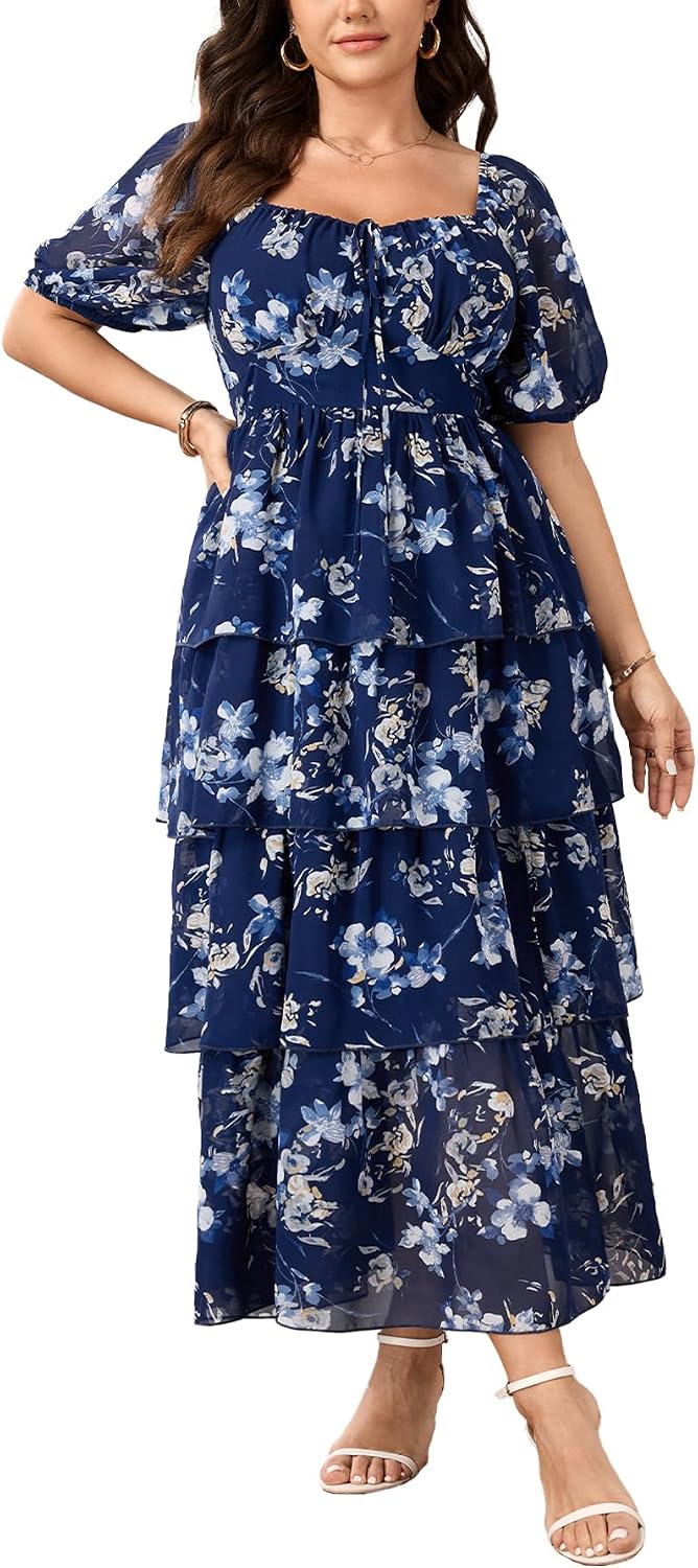 SCOMCHIC Womens Plus Size Maxi Dress Wedding Guest Cocktail Evening Party Elegant Short Sleeve Tiered Split Long Dresses - Image 2