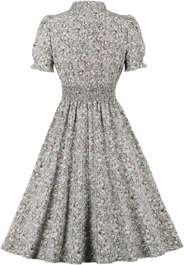 Wellwits Women's Collared V Neck Shirred Ditsy Floral Vintage Dress - Image 2