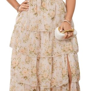 SHESTARR Womens Plus Size Maxi Dress Elegant Wedding Guest Cocktail Party Spaghetti Strap Tiered Ruffle Slit Floral Dresses