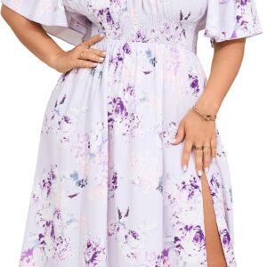 Plus Size Maxi Dress Off The Shoulder Ruffle Smocked Wedding Guest Cocktail Slit Hem Flowy Dresses for Curvy Women