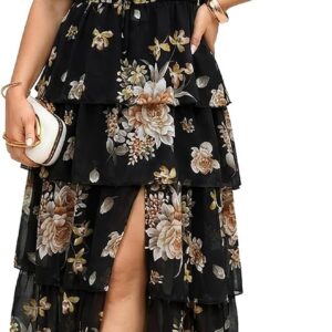 SCOMCHIC Womens Plus Size Maxi Dress Wedding Guest Cocktail Evening Party Elegant Short Sleeve Tiered Split Long Dresses