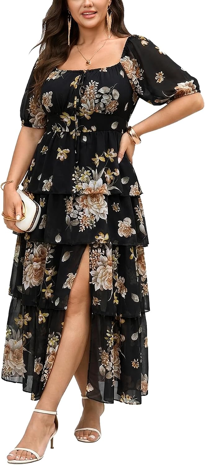 SCOMCHIC Womens Plus Size Maxi Dress Wedding Guest Cocktail Evening Party Elegant Short Sleeve Tiered Split Long Dresses