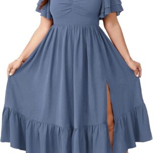 SCOMCHIC Womens Plus Size Wedding Guest Cocktail Dresses Sweetheart Neckline Short Sleeve Smocked Ruffle Slit Maxi Dress