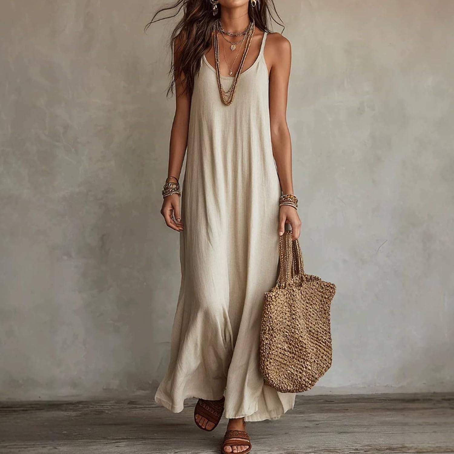 Women UK Spaghetti Strap Flowy Maxi Dress Loose Sleeveless Cami Long Sundress Casual Summer Beach Vacation Cover Up - Image 2