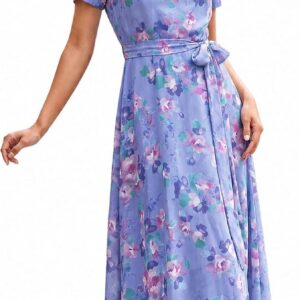 Roman Floral Print Pleat Neck Midi Dress for Women UK Ladies Spring Everyday Summer Holiday Round Neckline Comfy Short Sleeve Soft Fit & Flare Frock Dinner Date