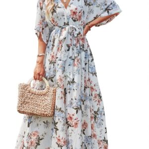 ANRABESS Women’s Summer Loose Kimono Maxi Dress Wrap V Neck 3/4 Sleeve Floral Print Slit Long Dresses