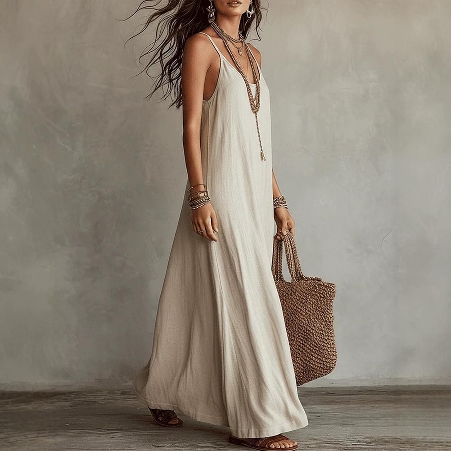Women UK Spaghetti Strap Flowy Maxi Dress Loose Sleeveless Cami Long Sundress Casual Summer Beach Vacation Cover Up - Image 4
