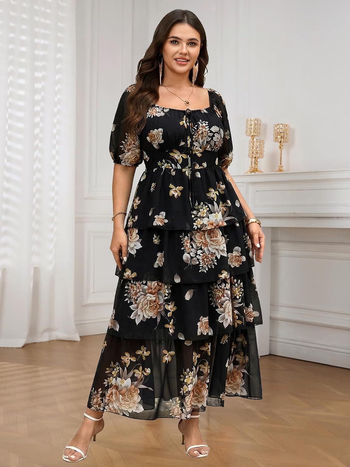 SCOMCHIC Womens Plus Size Maxi Dress Wedding Guest Cocktail Evening Party Elegant Short Sleeve Tiered Split Long Dresses - Image 3