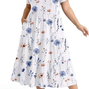 IN’VOLAND Womens Plus Size Summer Dresses V Neck Short Sleeve Midi Dress with Pockets A-line Tiered Beach Sundress 1X-5X
