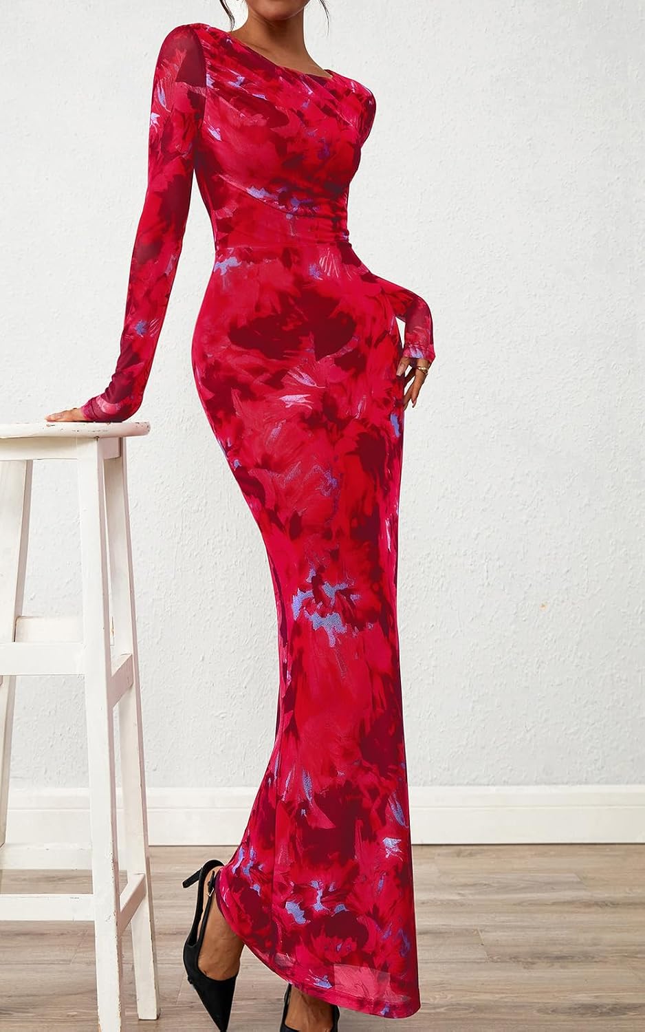 PRETTYGARDEN Women's Long Sleeve Floral Fall Wedding Guest Dress Casual Crewneck Ruched Bodycon Mesh Long Maxi Dresses - Image 3
