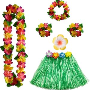 6 Pcs Hawaiian Fancy Dress Women,Hawaiian Garland Outfits for Adults Women,Hula Garland,Grass Skirt Costume Set,Hawaii Accessories Garlands Outfit Bracelet Necklace for Tropical Decorations (Green)