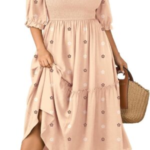 Women’s Plus Size Maxi Dress Puff Short Sleeve Square Neck Floral Casual Boho Tiered Smocked Ruffle Flowy Long Dresses