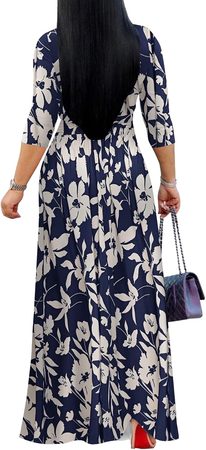 Yajedo Womens Casual Summer Maxi Dress Plus Size Sexy Warp V Neck 3/4 Sleeve Sundress with Poctets - Image 2