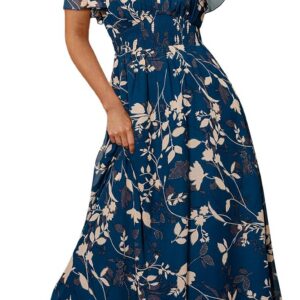 Simplee Women’s Boho Floral Maxi Dress Flowy Casual V Neck Short Sleeve Wedding Guest Holiday Beach Long Dress