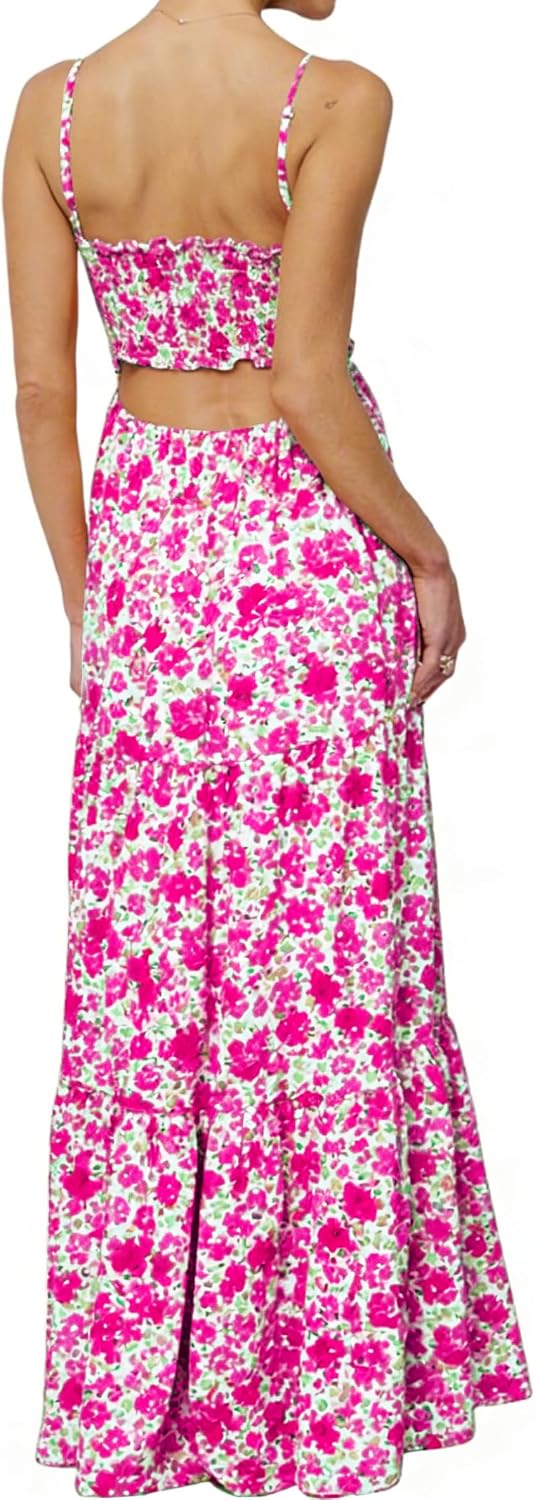 Womens Summer Floral Spaghetti Strap Backless Low Cut Smocked Milkmaid Flowy Beach Sundresses - Image 3