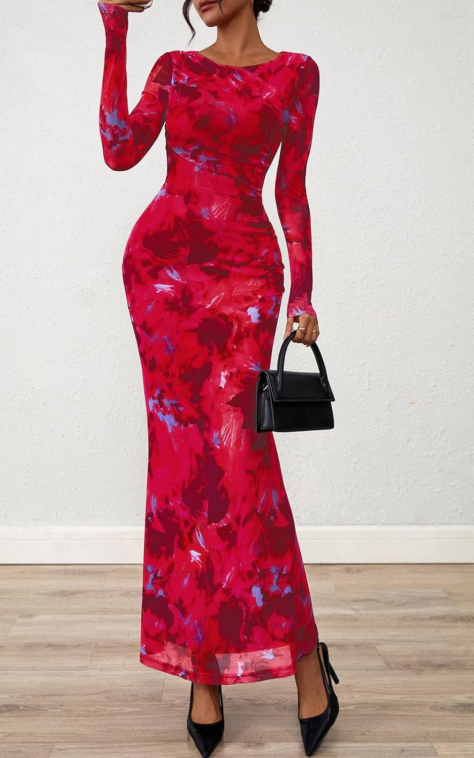 PRETTYGARDEN Women's Long Sleeve Floral Fall Wedding Guest Dress Casual Crewneck Ruched Bodycon Mesh Long Maxi Dresses - Image 2