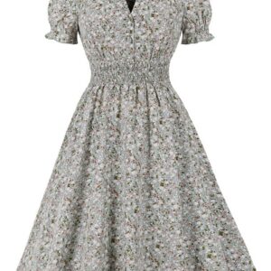 Wellwits Women’s Collared V Neck Shirred Ditsy Floral Vintage Dress