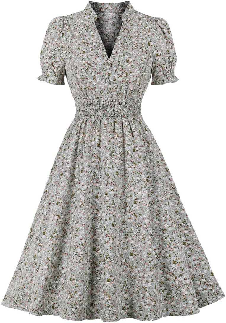 Wellwits Women's Collared V Neck Shirred Ditsy Floral Vintage Dress