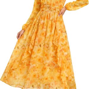 GRACE KARIN Women’s Long Sleeve A-Line Ruffles Floral Dress with Pockets