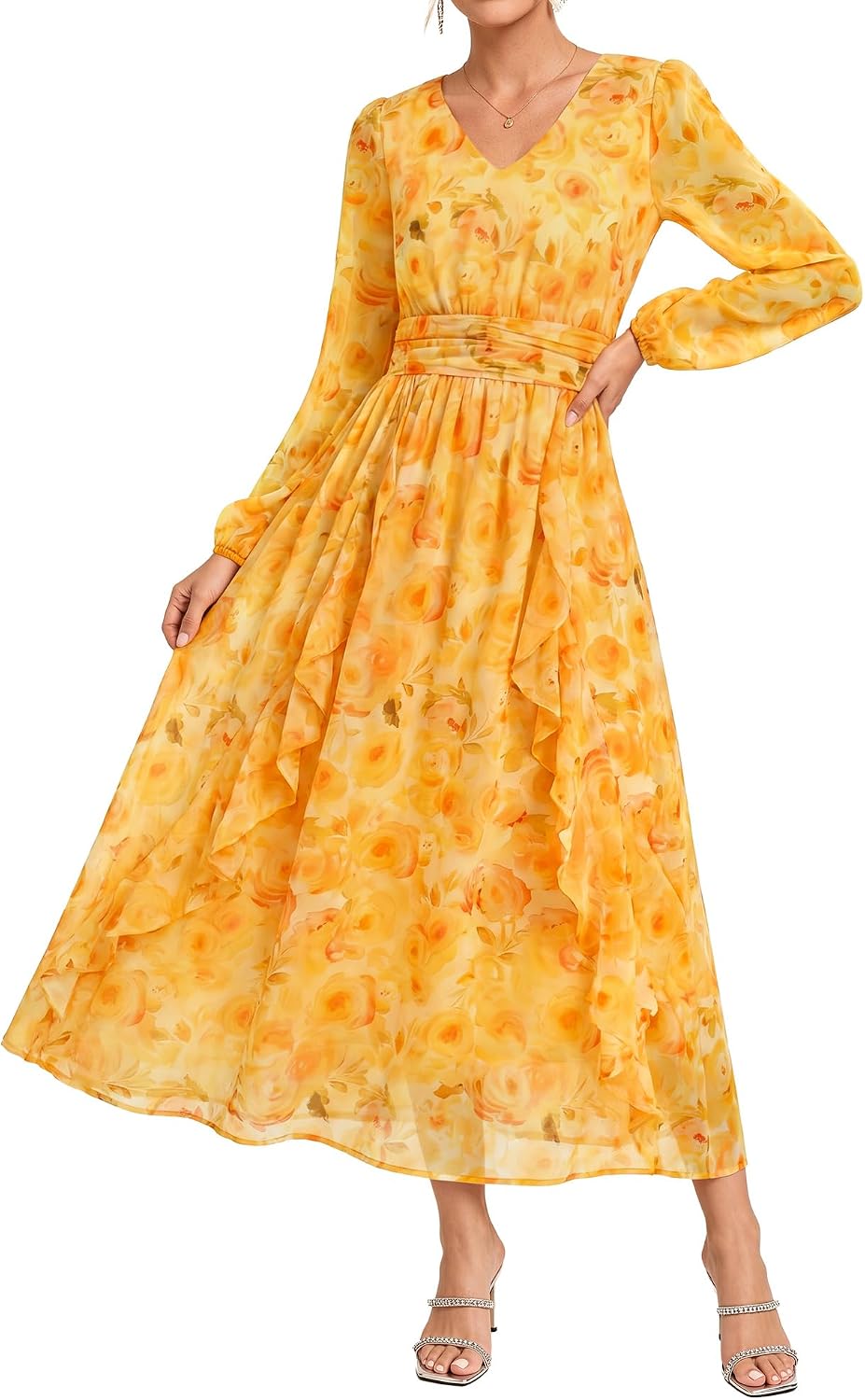 GRACE KARIN Women's Long Sleeve A-Line Ruffles Floral Dress with Pockets