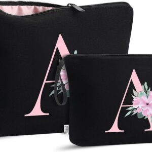 Vavabox 2Pcs Initial Toiletry Bags Set Birthday Gifts for Women (A, Black)