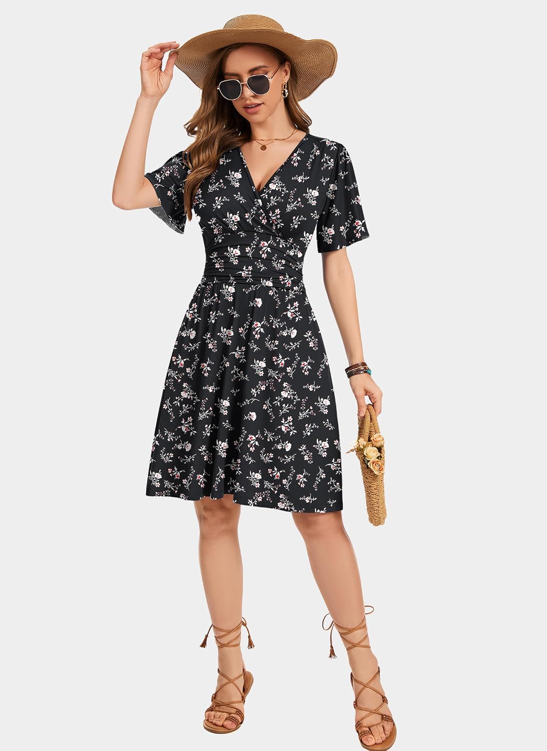 WNEEDU Womens Summer Dresses Wrap Waist V Neck Elegant - Image 5