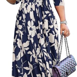 Yajedo Womens Casual Summer Maxi Dress Plus Size Sexy Warp V Neck 3/4 Sleeve Sundress with Poctets