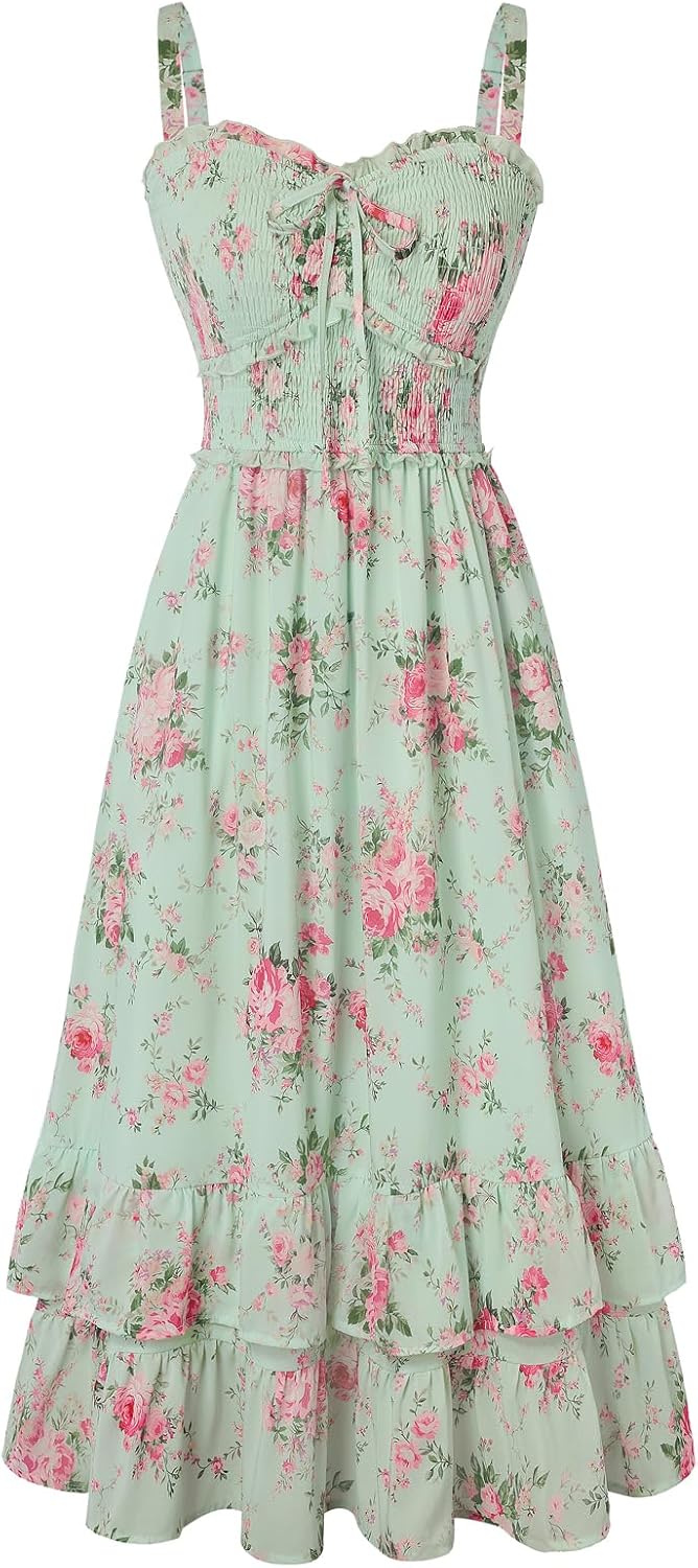 Scarlet Darkness Women's Floral Cottagecore Dress Smocked A Line Casual Milkmaid Sundress with Pockets